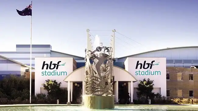 Hbf stadium entrance with fountain and signage, modern sports venue in Australia.
