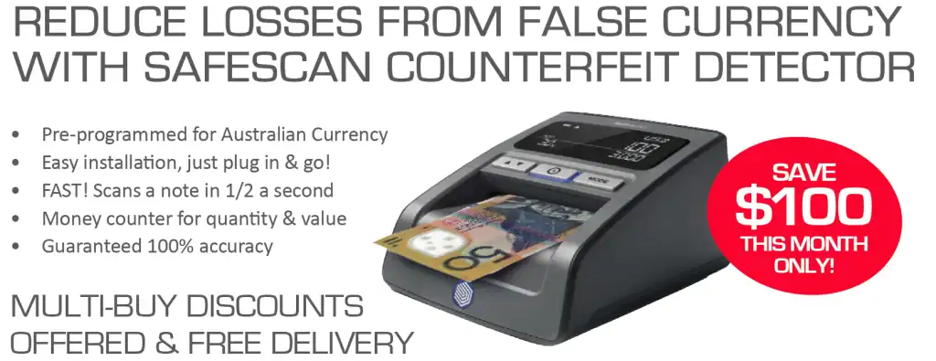 $100 savings on Australian currency counterfeit detector with Safescan, fast scanning.