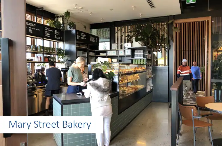 High-quality coffee shop interior with bakery counter at Mary Street Bakery.