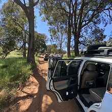 Land rover off-road vehicle in forest with open door showing equipment, on a dirt trail among trees.