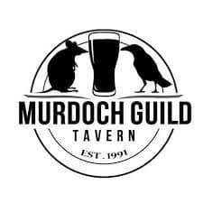 18 ounce murdoch guild tavern beer with two animal silhouettes on either side.