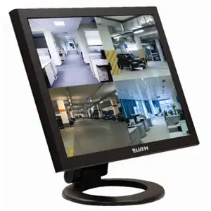 High-tech security monitor displaying multiple surveillance camera feeds in an office parking garage and lobby area.