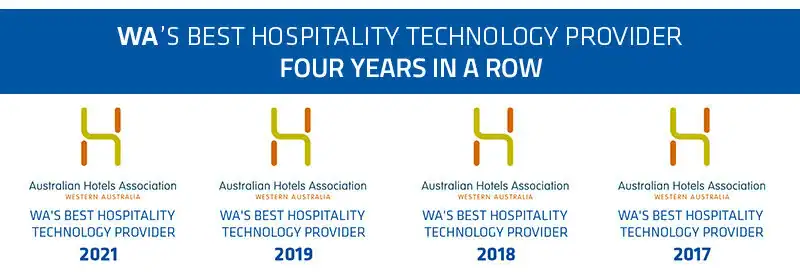 Wa's best hospitality technology provider award logo for 2021, 2019, 2018, 2017.