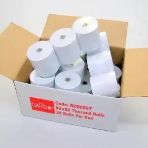 Empty box of Caliber 80x80 thermal rolls with white rolls inside, perfect for receipt printing and office use.