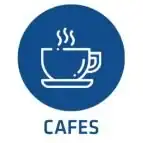 Coffee cups icon representing cafes; modern design, blue background, white outlines.