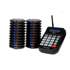 Wireless paging system with multiple receiver units and a central transmitter for efficient communication and alerts.