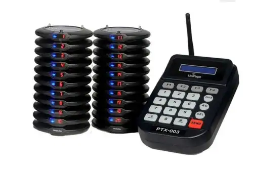 Wireless call button system with multiple receivers and handheld transmitter for communication.