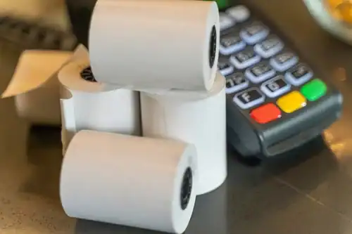 High-speed thermal printer paper rolls for POS and receipt printing.