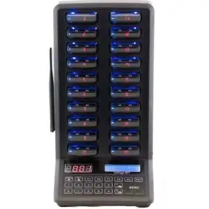Rechargeable wireless keypad device with multiple blue-lit keys and digital display for secure entry.