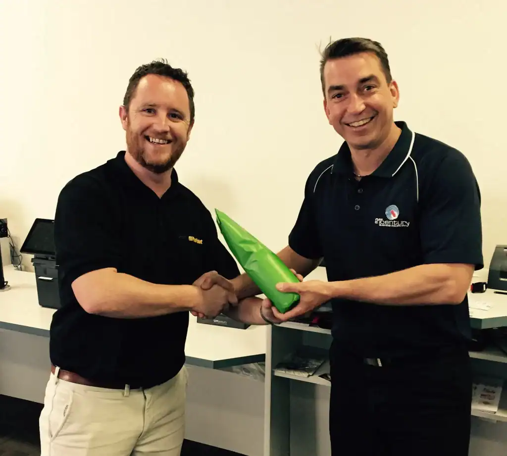 Business equipment handover, company staff exchanging document, modern office environment, professional service, corporate teamwork, client meeting, office technology, team collaboration, professional partnership, office communication.