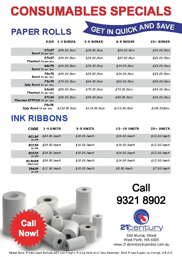Papel rolls and ink ribbons supplies at 21st Century Business Equipment in West Perth.