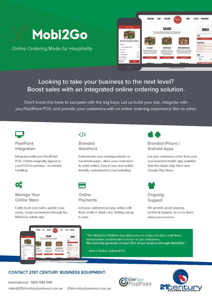 Mobi2Go online ordering platform for hospitality businesses, integrated with PixelPoint POS.