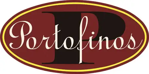 Portofinos logo with burgundy and black design.