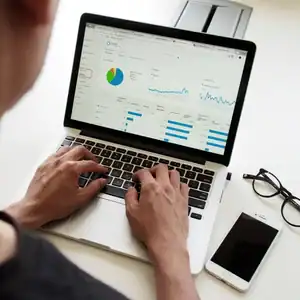 Analyzing financial data on a laptop with business charts and graphs.