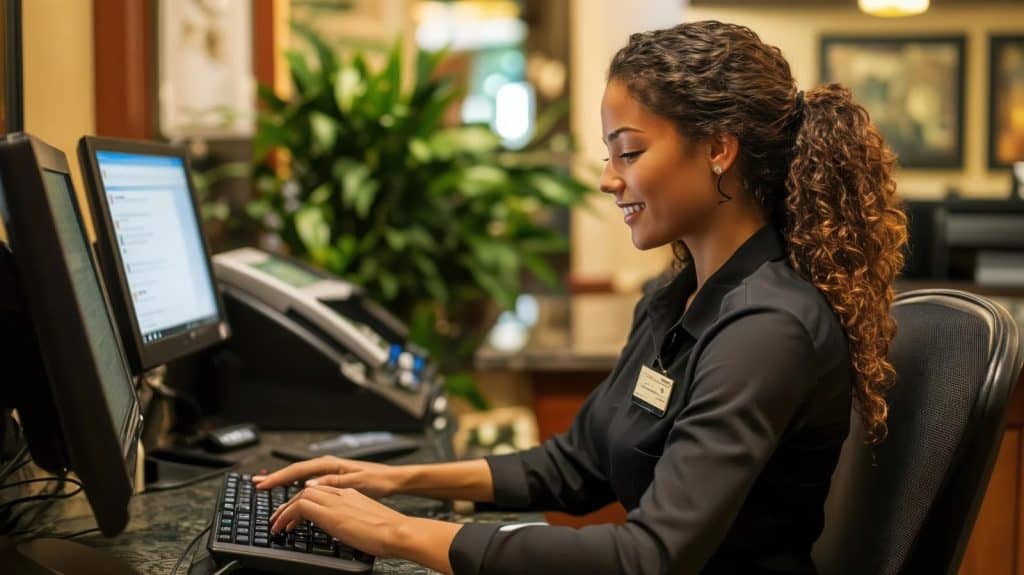 Professional woman working at office desk with dual monitors and telephone, smiling at work.