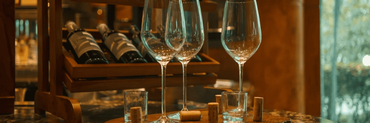 Elegant wine glasses on a marble table with wine bottles in the background.